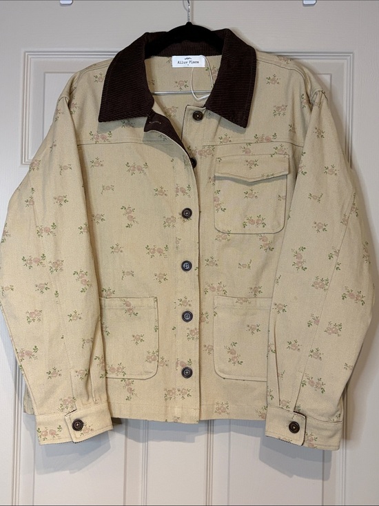 Alluv Place Jackets & Blazers - Cream Floral Jean Jacket with Brown Corduroy Collar